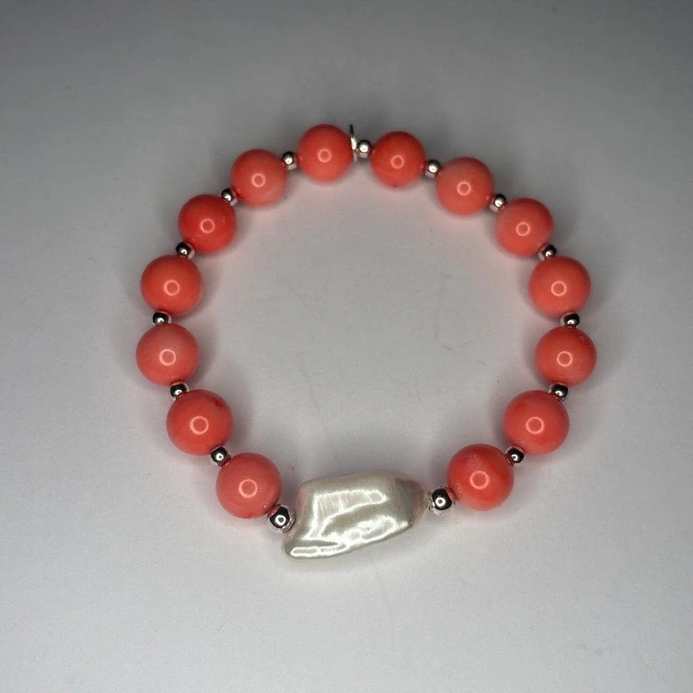 Pink Coral Mother Of Pearl Bracelet Sterling Silver Elements Signed FAS 925 Thai